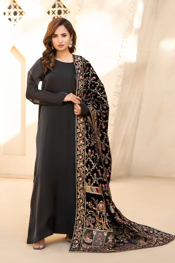Black Velvet Shawl with Embroidery