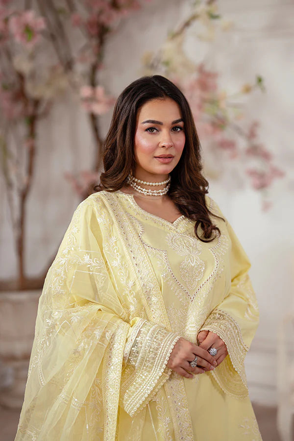 Lemon Yellow 3-Piece Lawn Dress with Organza Dupatta