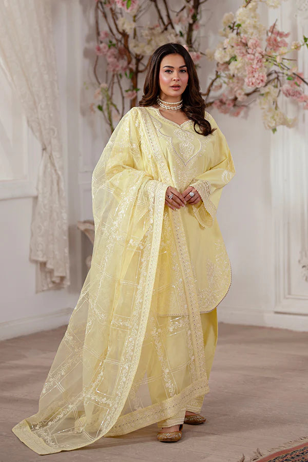 Lemon Yellow 3-Piece Lawn Dress with Organza Dupatta