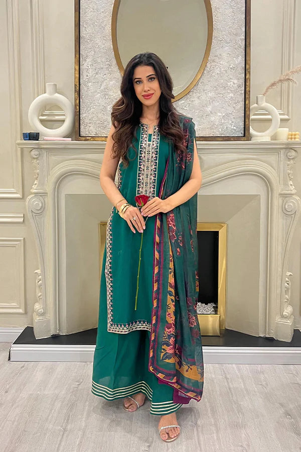 Chikankari Embroidery 3PC Unstitched Suit with Net Dupatta