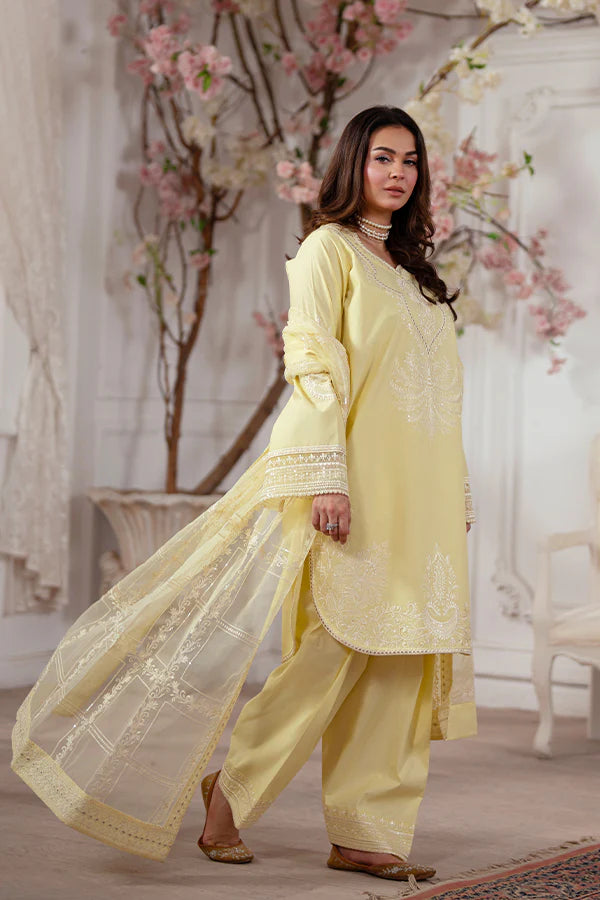 Lemon Yellow 3-Piece Lawn Dress with Organza Dupatta