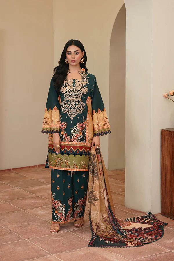 Geet 3-Piece – Green with Funky Florals & Scarlet Silk Dupatta