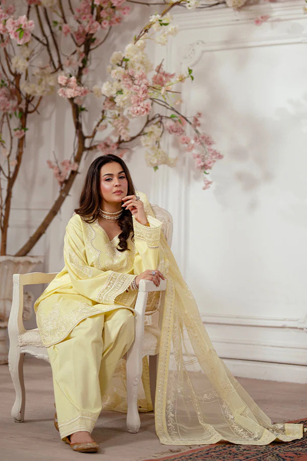 Lemon Yellow 3-Piece Lawn Dress with Organza Dupatta