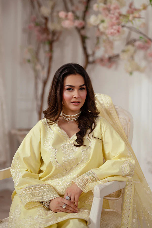 Lemon Yellow 3-Piece Lawn Dress with Organza Dupatta