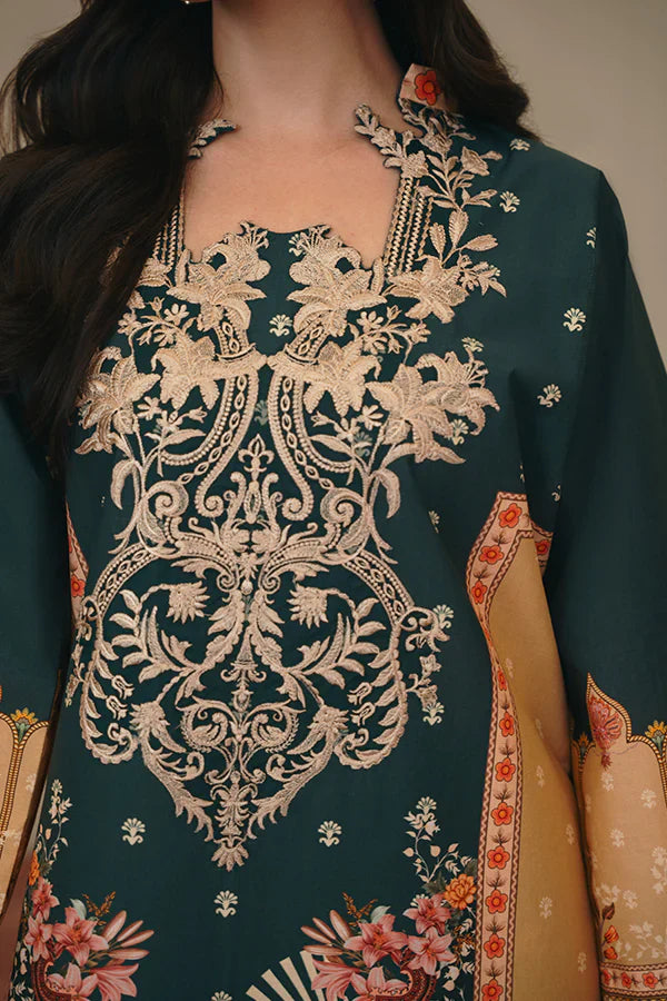 Geet 3-Piece – Green with Funky Florals & Scarlet Silk Dupatta