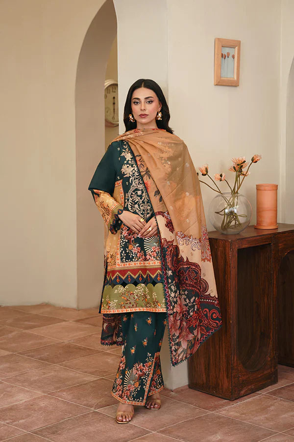 Geet 3-Piece – Green with Funky Florals & Scarlet Silk Dupatta