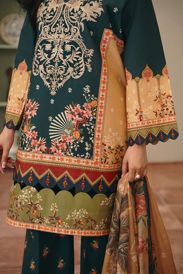 Geet 3-Piece – Green with Funky Florals & Scarlet Silk Dupatta