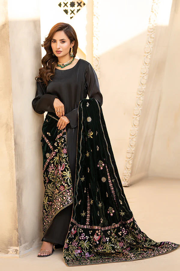 Forest Green Velvet Shawl with Embroidery