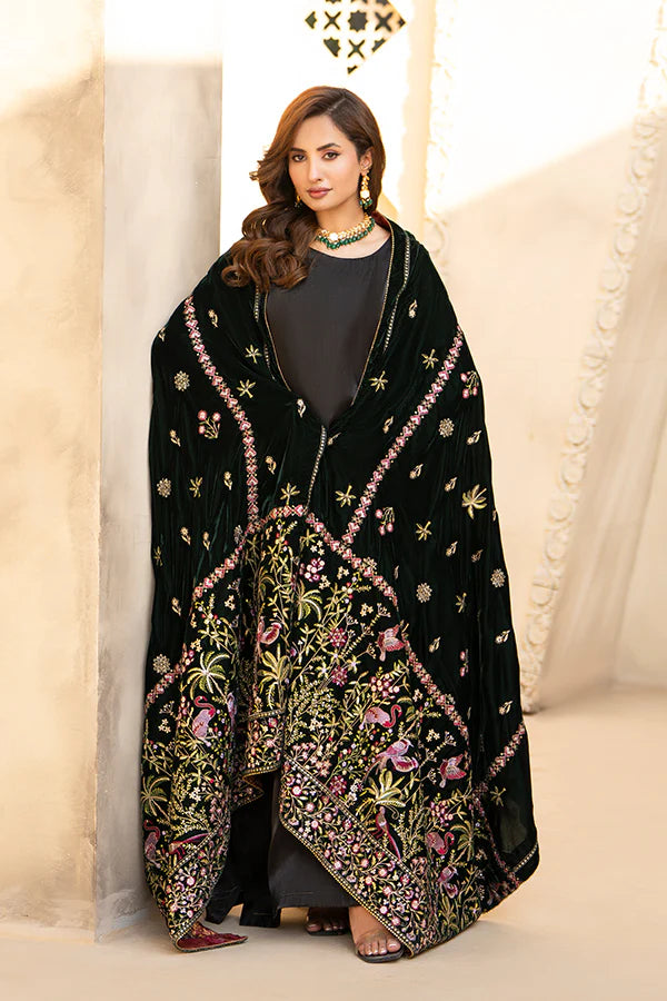 Forest Green Velvet Shawl with Embroidery