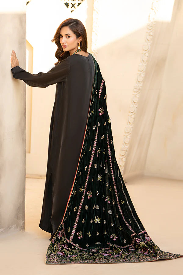 Forest Green Velvet Shawl with Embroidery