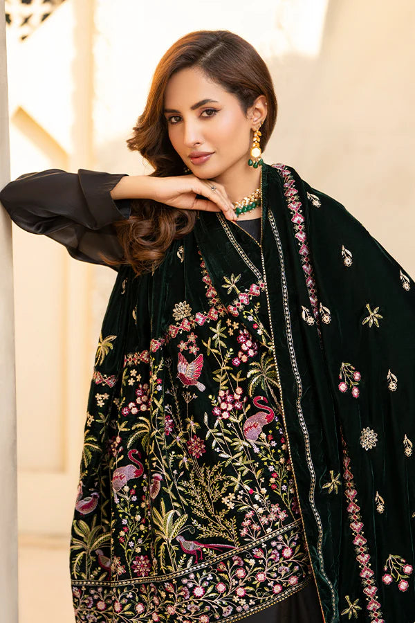 Forest Green Velvet Shawl with Embroidery