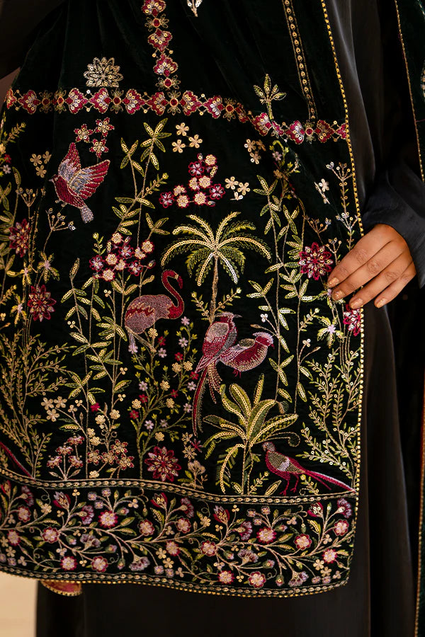 Forest Green Velvet Shawl with Embroidery