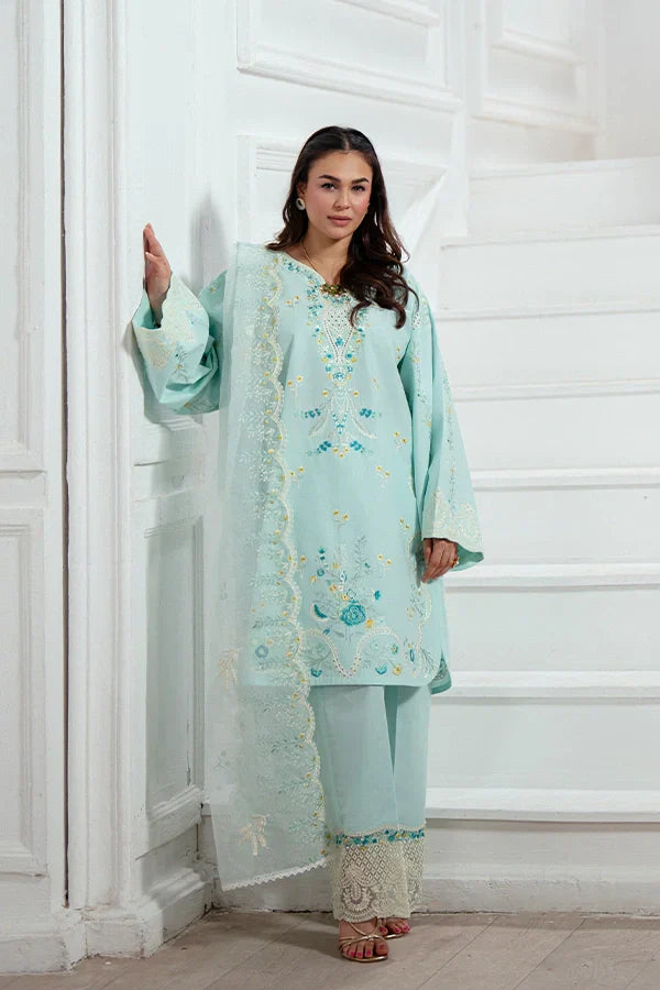 Trending Ice Blue 3-Piece Schiffli Lawn Dress for Women