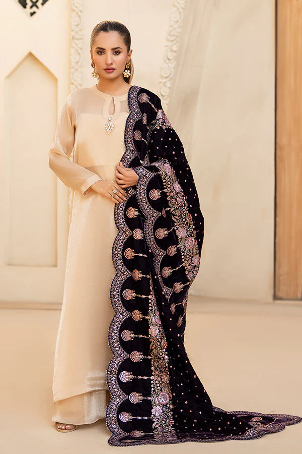 Violet Velvet Shawl with Embroidery