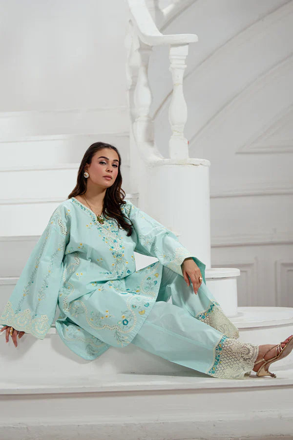 Trending Ice Blue 3-Piece Schiffli Lawn Dress for Women