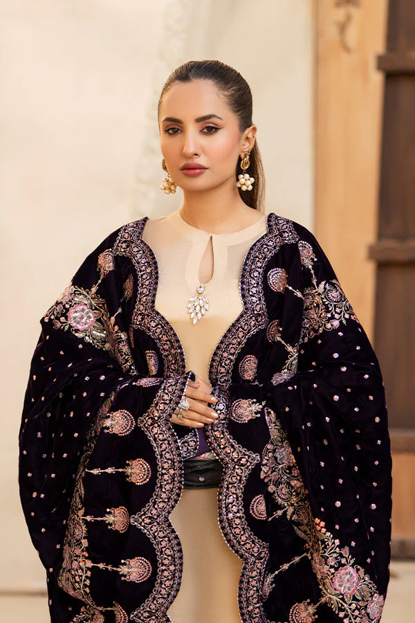 Violet Velvet Shawl with Embroidery