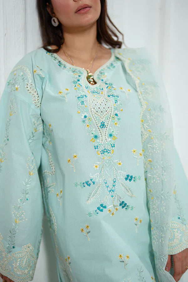 Trending Ice Blue 3-Piece Schiffli Lawn Dress for Women