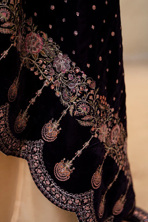 Violet Velvet Shawl with Embroidery