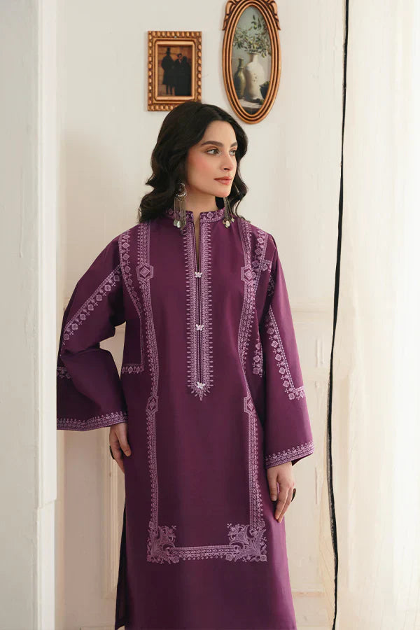 Aks Purple Box Cut Lawn Shirt with Intricate Embroidery