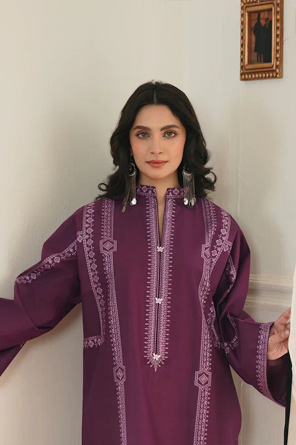 Aks Purple Box Cut Lawn Shirt with Intricate Embroidery