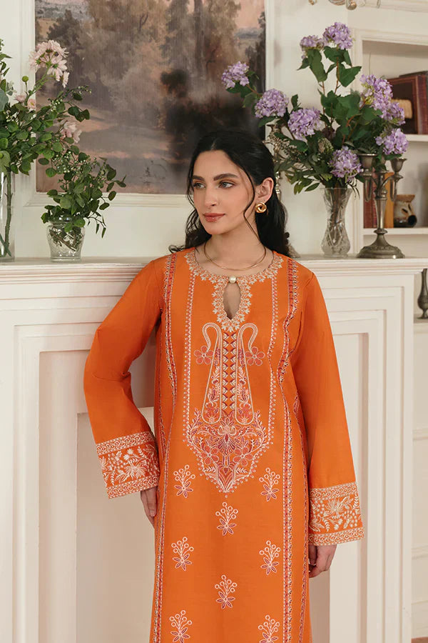 Ulfat Orange Lawn Set with Subtle Colorful Embroidery