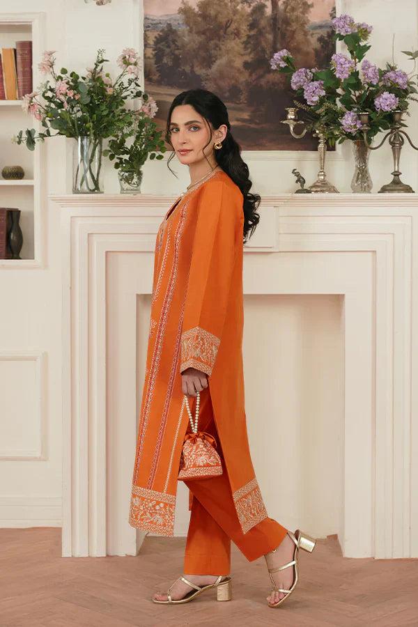 Ulfat Orange Lawn Set with Subtle Colorful Embroidery