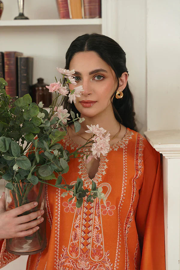Ulfat Orange Lawn Set with Subtle Colorful Embroidery