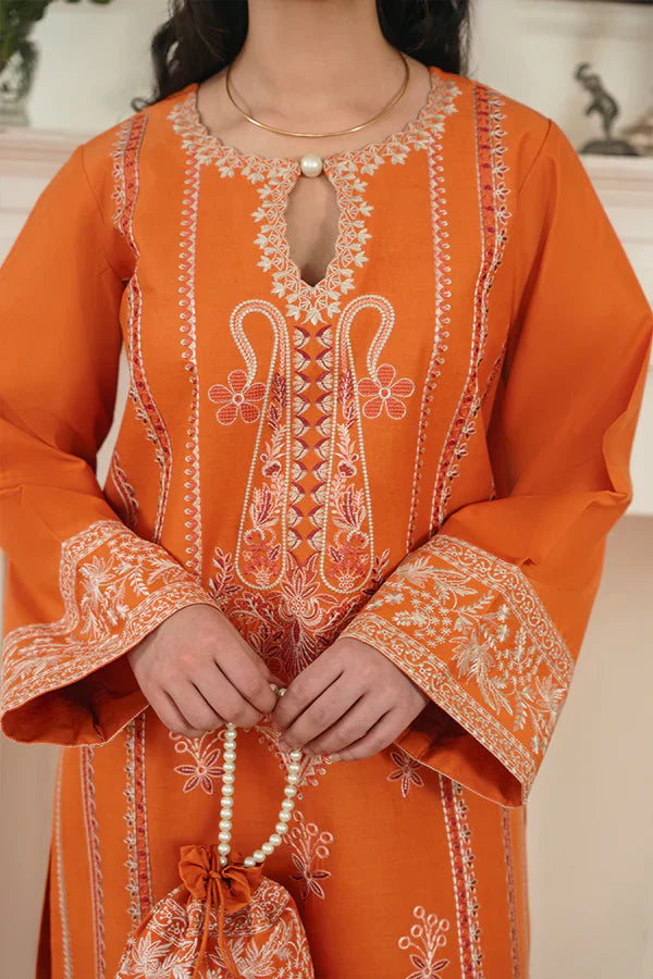 Ulfat Orange Lawn Set with Subtle Colorful Embroidery