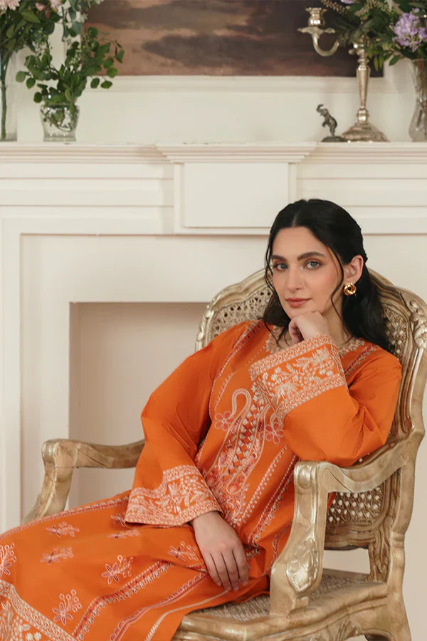 Ulfat Orange Lawn Set with Subtle Colorful Embroidery