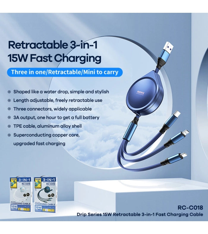 REMAX 15W Retractable 3-in-1 Fast Charging Cable